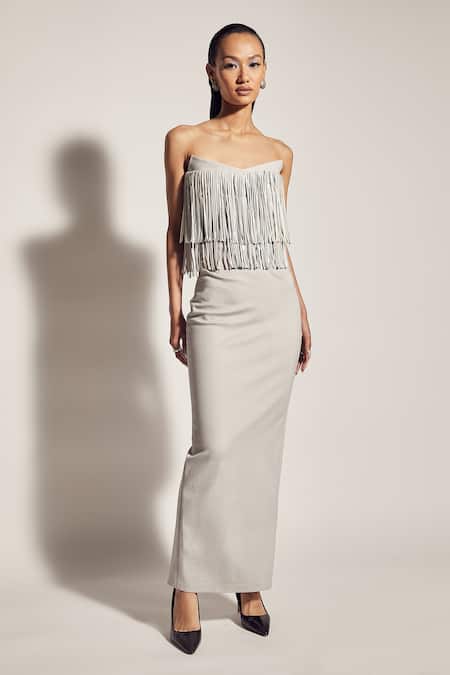 Sameer Madan Grey Jersey, Faux Leather Straight Neckline Strapless Bodycon Gown