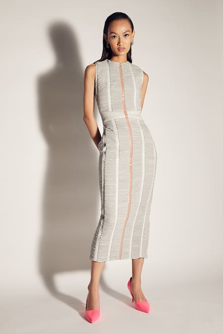 Sameer Madan Grey Stretch Net And Jersey Round Ruched Bodycon Dress 