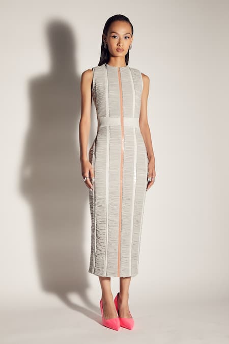 Shop Sameer Madan Grey Stretch Net And Jersey Round Ruched Bodycon Dress at Aza Fashions Shop_Sameer Madan_Grey Stretch Net And Jersey Round Ruched Bodycon Dress _at_Aza_Fashions