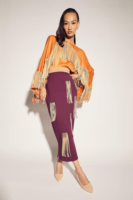 Shop Sameer Madan Orange Cotton Satin, Jersey, Faux Leather Fringe Round Embellished Bodysuit at Aza Fashions Shop_Sameer Madan_Orange Cotton Satin, Jersey, Faux Leather Fringe Round Embellished Bodysuit _at_Aza_Fashions