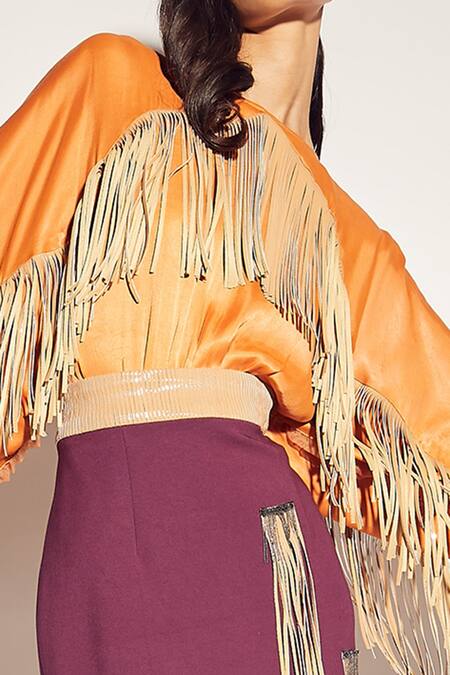 Sameer Madan Orange Cotton Satin, Jersey, Faux Leather Fringe Round Embellished Bodysuit Online at Aza Fashions Sameer Madan_Orange Cotton Satin, Jersey, Faux Leather Fringe Round Embellished Bodysuit _Online_at_Aza_Fashions