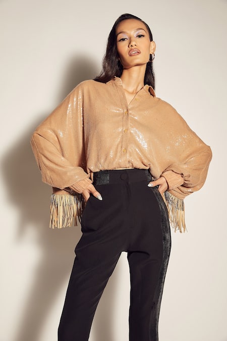 Sameer Madan Beige Jersey And Faux Leather Sequin Collared Neck Shirt Style Bodysuit