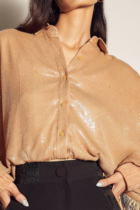 Sameer Madan Beige Jersey And Faux Leather Sequin Collared Neck Shirt Style Bodysuit Online at Aza Fashions Sameer Madan_Beige Jersey And Faux Leather Sequin Collared Neck Shirt Style Bodysuit _Online_at_Aza_Fashions