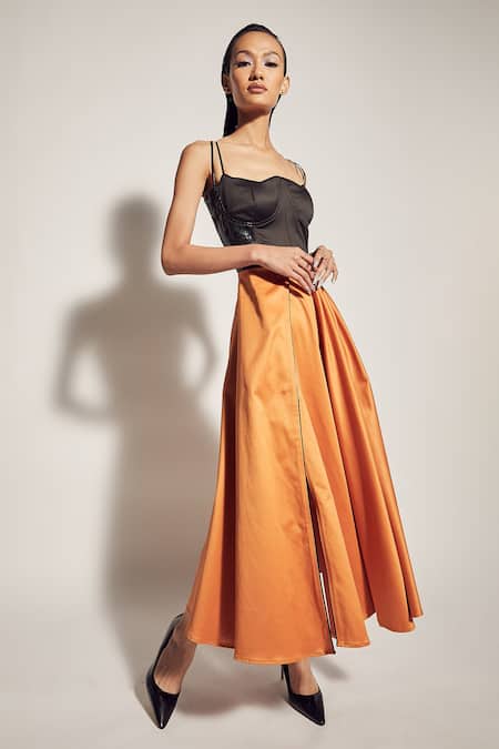 Shop Sameer Madan Orange Flared Strappy Dress at Aza Fashions Shop_Sameer Madan_Orange Flared Strappy Dress _at_Aza_Fashions