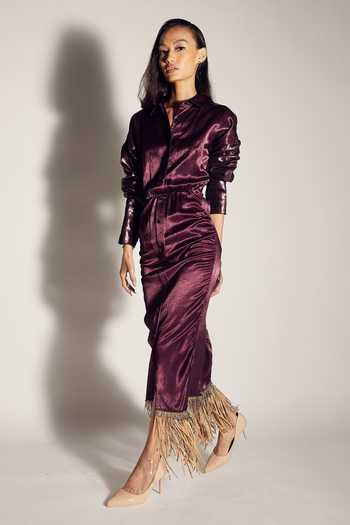 Sameer Madan_Purple Satin And Faux Leather Collared Neck Shirt Dress_Online_at_Aza_Fashions