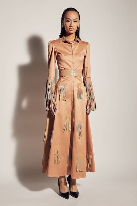 Sameer Madan Beige Modal Cotton Collared Neck Shirt Dress