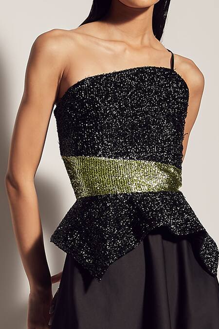 Sameer Madan_Black Confetti Recycled Fabric, Cotton Satin And Faux Patent One Shoulder Dress_Online_at_Aza_Fashions