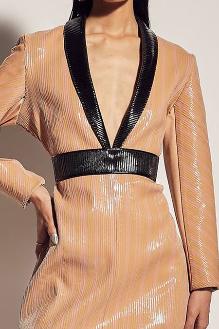 Sameer Madan_Beige Jersey And Faux Patent Collared Neck Shawl Dress _Online_at_Aza_Fashions