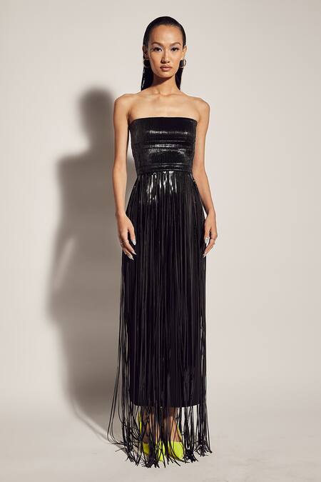 Sameer Madan_Black Jersey And Faux Patent Strapless Dress _Online_at_Aza_Fashions