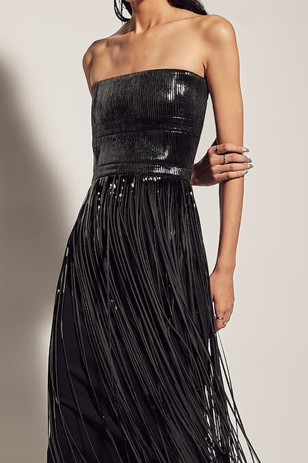 Buy_Sameer Madan_Black Jersey And Faux Patent Strapless Dress _Online_at_Aza_Fashions