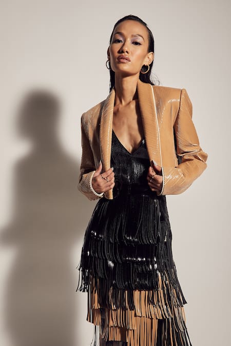 Shop_Sameer Madan_Beige Faux Leather And Banana Crepe Collared Neck Shawl Jacket _at_Aza_Fashions