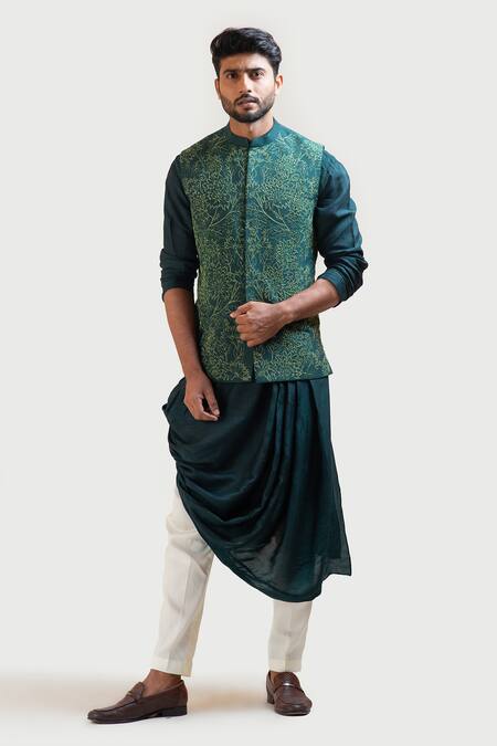 Buy_Smriti By Anju Agarwal_Green Bam Silk Embroidered Nehru Jacket _Online_at_Aza_Fashions