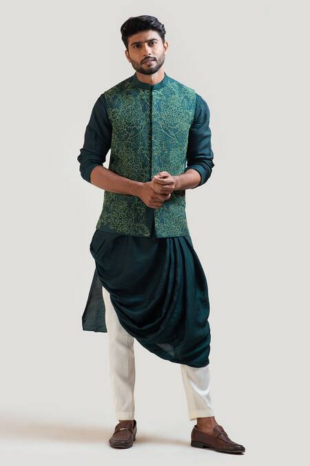 Smriti By Anju Agarwal Green Bam Silk Pant Malai Cotton Draped Kurta With Nehru Jacket And Online at Aza Fashions Smriti By Anju Agarwal_Green Bam Silk Pant Malai Cotton Draped Kurta With Nehru Jacket And _Online_at_Aza_Fashions
