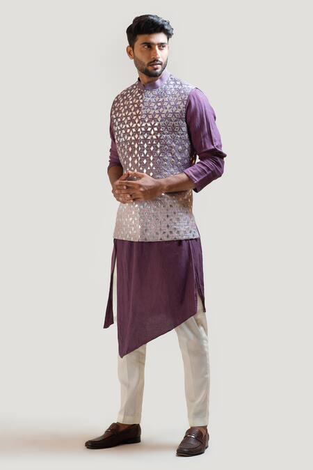 Buy_Smriti By Anju Agarwal_Purple Bam Silk Applique Nehru Jacket _Online_at_Aza_Fashions