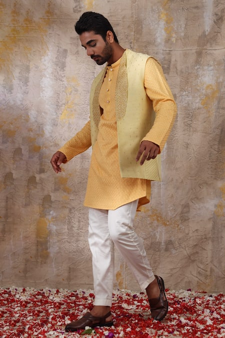 Smriti By Anju Agarwal_Yellow Bundi And Kurta Silk, Pant Malai Cotton Pipe, Suvan Shawl Collar & Set_Online_at_Aza_Fashions