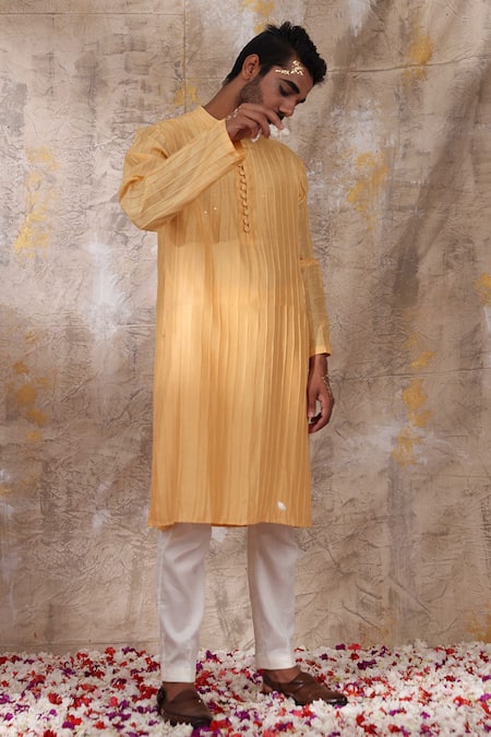 Buy_Smriti By Anju Agarwal_Yellow Bundi And Kurta Silk, Pant Malai Cotton Pipe, Suvan Shawl Collar & Set_Online_at_Aza_Fashions