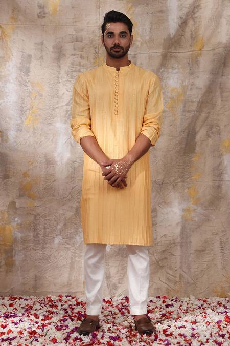 Shop_Smriti By Anju Agarwal_Yellow Bundi And Kurta Silk, Pant Malai Cotton Pipe, Suvan Shawl Collar & Set_Online_at_Aza_Fashions