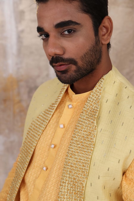 Buy_Smriti By Anju Agarwal_Yellow Silk Pipe, Sequin Suvan Shawl Collar Nehru Jacket _Online_at_Aza_Fashions