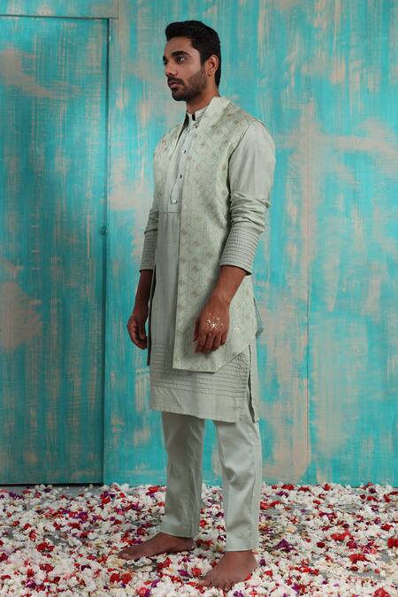 Smriti By Anju Agarwal_Green Bundi And Kurta Silk, Pant Malai Cotton Sequin Kavan & Set_Online_at_Aza_Fashions