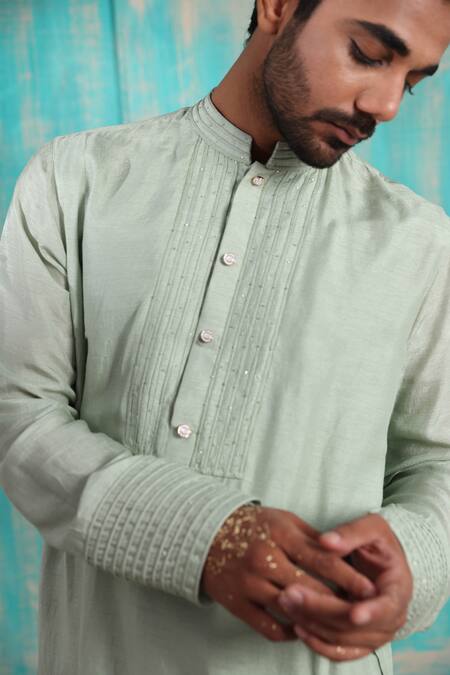 Smriti By Anju Agarwal_Green Bundi And Kurta Silk, Pant Malai Cotton Sequin Kavan & Set_at_Aza_Fashions