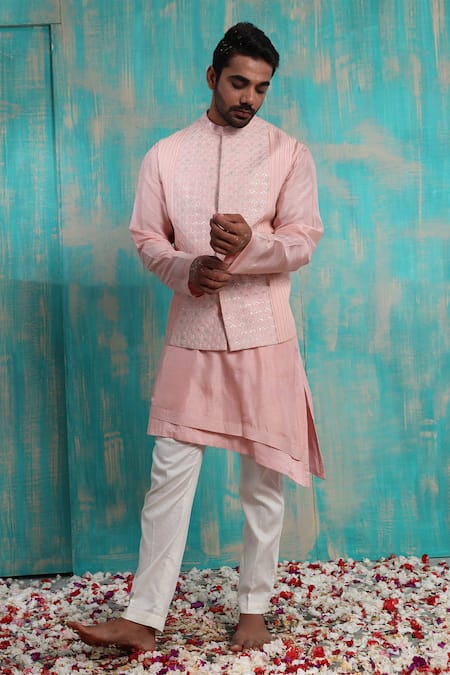 Woven Art Silk Jacquard Nehru Jacket in Pink and Off White : MTX2013