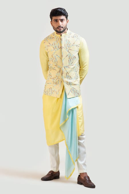 Shop Smriti By Anju Agarwal Yellow Jacket Bam Silk Kurta Cotton Silk Pant Malai Nehru And Set With at Aza Fashions Shop_Smriti By Anju Agarwal_Yellow Jacket Bam Silk Kurta Cotton Silk Pant Malai Nehru And Set With _at_Aza_Fashions