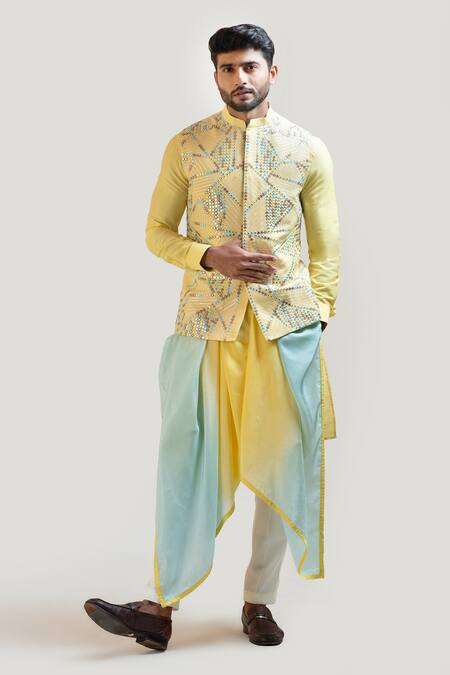 Smriti By Anju Agarwal Yellow Jacket Bam Silk Kurta Cotton Silk Pant Malai Nehru And Set With Online at Aza Fashions Smriti By Anju Agarwal_Yellow Jacket Bam Silk Kurta Cotton Silk Pant Malai Nehru And Set With _Online_at_Aza_Fashions
