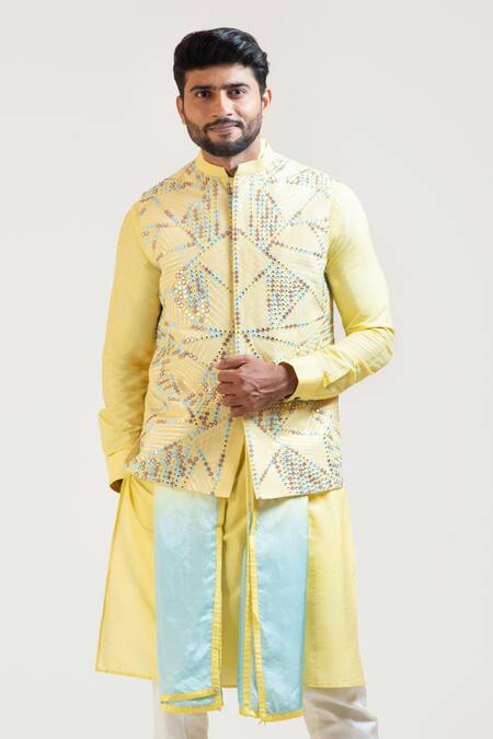 Buy Smriti By Anju Agarwal Yellow Jacket Bam Silk Kurta Cotton Silk Pant Malai Nehru And Set With Online at Aza Fashions Buy_Smriti By Anju Agarwal_Yellow Jacket Bam Silk Kurta Cotton Silk Pant Malai Nehru And Set With _Online_at_Aza_Fashions