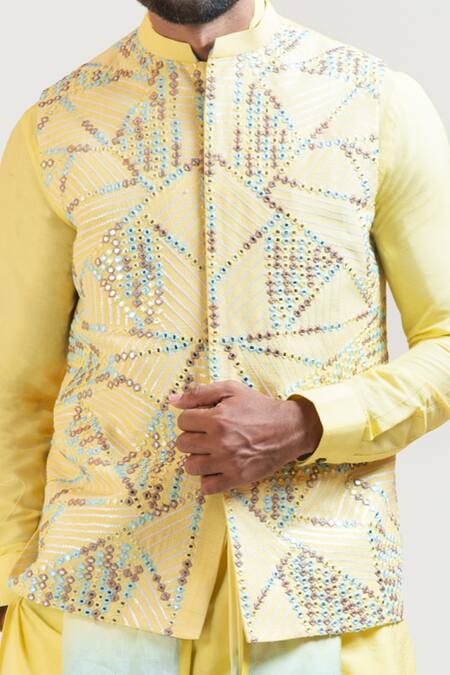 Shop Smriti By Anju Agarwal Yellow Jacket Bam Silk Kurta Cotton Silk Pant Malai Nehru And Set With Online at Aza Fashions Shop_Smriti By Anju Agarwal_Yellow Jacket Bam Silk Kurta Cotton Silk Pant Malai Nehru And Set With _Online_at_Aza_Fashions