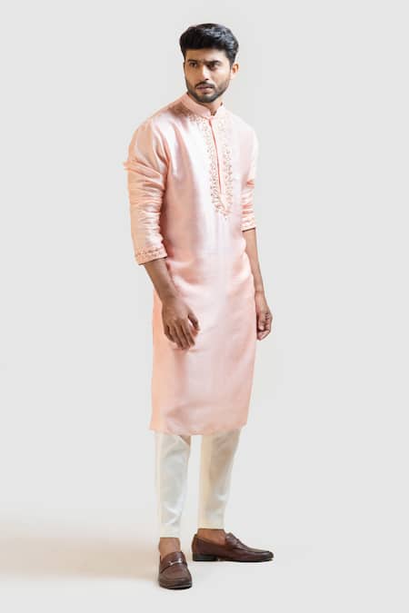 Smriti By Anju Agarwal_Peach Kurta Bam Silk Pant Malai Cotton Embroidered And_Online_at_Aza_Fashions