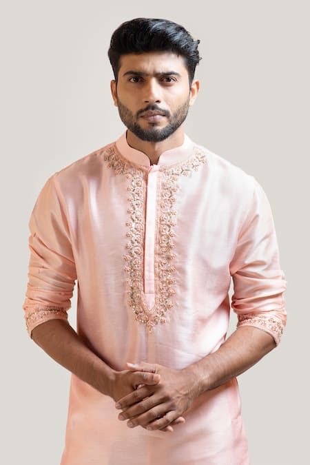 Buy_Smriti By Anju Agarwal_Peach Kurta Bam Silk Pant Malai Cotton Embroidered And_Online_at_Aza_Fashions