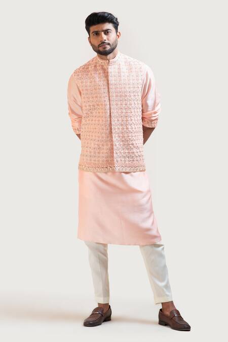 Peach thread embroidered open bandi jacket with peach kurta set - Kunal  Anil Tanna