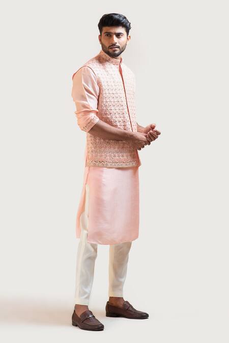 Embroidered Art Silk Kurta Jacket Set in Peach : MGV1083