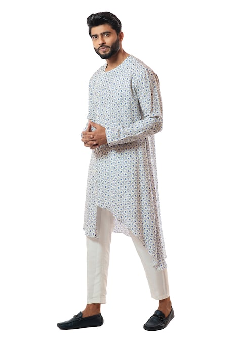 Smriti By Anju Agarwal_White Kurta Bam  Pant Pyjama Cotton Printed Asymmetric Set_Online_at_Aza_Fashions