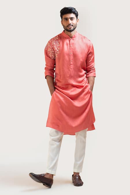 Smriti by Anju Agarwal Red Kurta Linen Satin Pant Malai Cotton Embroidered And