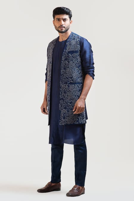 Smriti By Anju Agarwal_Blue Kurta And Jacket Bam Silk Pant Malai Cotton Embroidered & Set _Online_at_Aza_Fashions