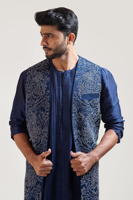 Shop_Smriti By Anju Agarwal_Blue Kurta And Jacket Bam Silk Pant Malai Cotton Embroidered & Set _Online_at_Aza_Fashions