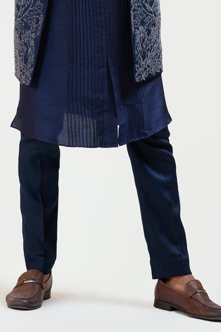 Smriti By Anju Agarwal_Blue Kurta And Jacket Bam Silk Pant Malai Cotton Embroidered & Set _at_Aza_Fashions