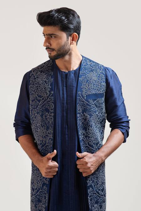 Smriti By Anju Agarwal_Blue Bam Silk Embroidered Long Bundi _Online_at_Aza_Fashions