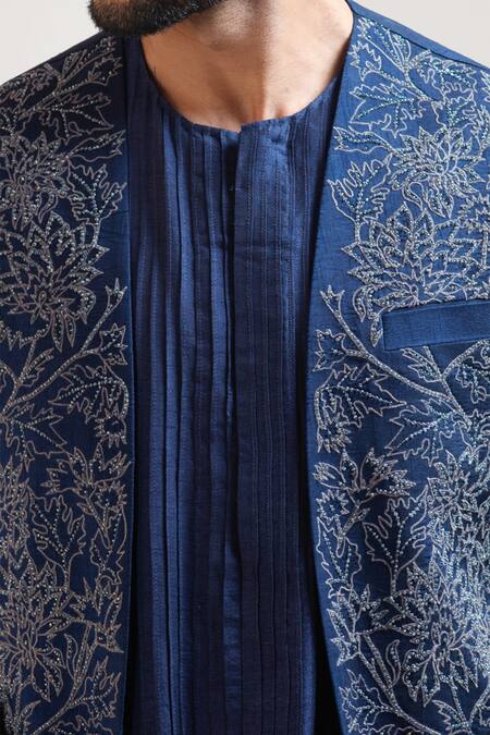 Buy_Smriti By Anju Agarwal_Blue Bam Silk Embroidered Long Bundi _Online_at_Aza_Fashions