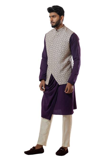 Smriti By Anju Agarwal_White Bundi Bam Silk, Kurta Handloom Cotton, Pyjama Printed And Draped Set_Online_at_Aza_Fashions