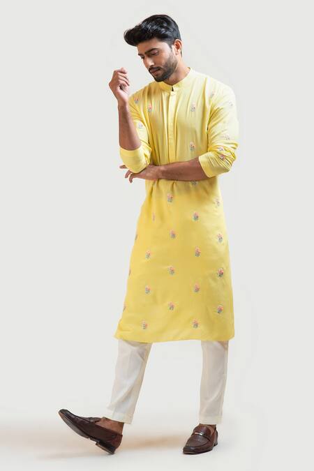 Smriti By Anju Agarwal_Yellow Kurta Silk Pant Malai Embroidered And_Online_at_Aza_Fashions