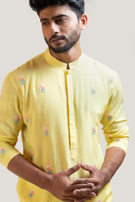 Buy_Smriti By Anju Agarwal_Yellow Kurta Silk Pant Malai Embroidered And_Online_at_Aza_Fashions