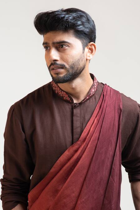 Buy Smriti By Anju Agarwal Brown Kurta Cotton Pant Malai Cotton Stole Bam Silk Set With Draped Online at Aza Fashions Buy_Smriti By Anju Agarwal_Brown Kurta Cotton Pant Malai Cotton Stole Bam Silk Set With Draped _Online_at_Aza_Fashions