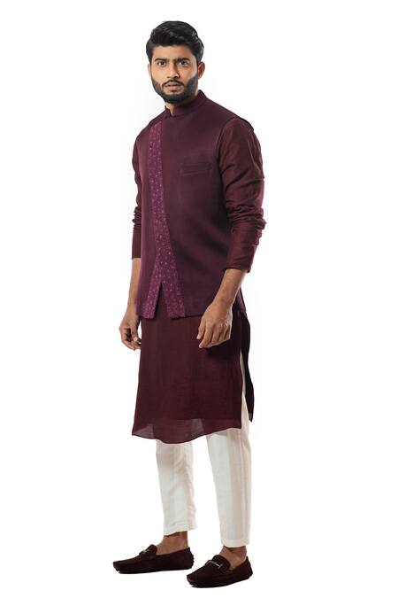 Smriti By Anju Agarwal_Maroon Linen Satin Overlap Nehru Jacket _Online_at_Aza_Fashions
