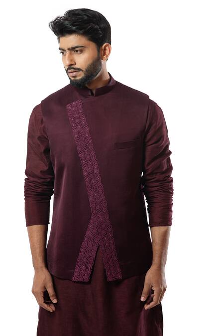 Buy_Smriti By Anju Agarwal_Maroon Linen Satin Overlap Nehru Jacket _Online_at_Aza_Fashions