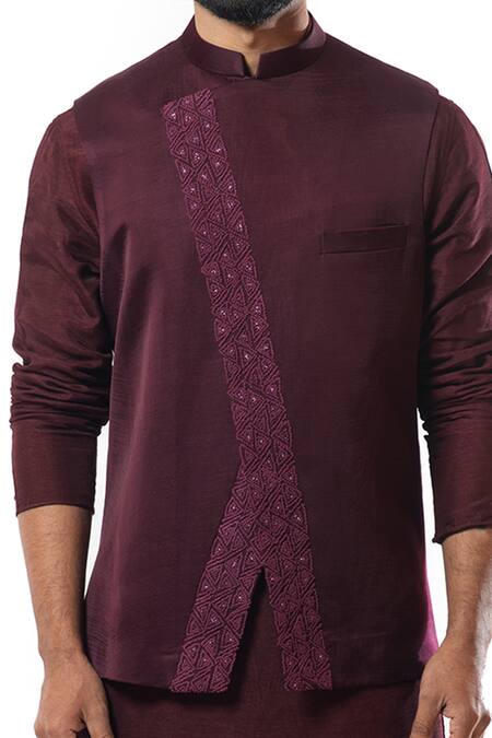Shop_Smriti By Anju Agarwal_Maroon Linen Satin Overlap Nehru Jacket _Online_at_Aza_Fashions