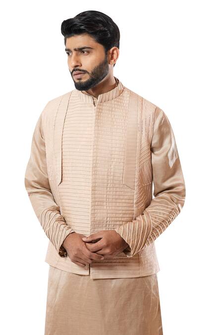 Buy_Smriti By Anju Agarwal_Pink Kurta And Jacket Bam , Pajama Cotton Embroidered Bundi & Set _Online_at_Aza_Fashions