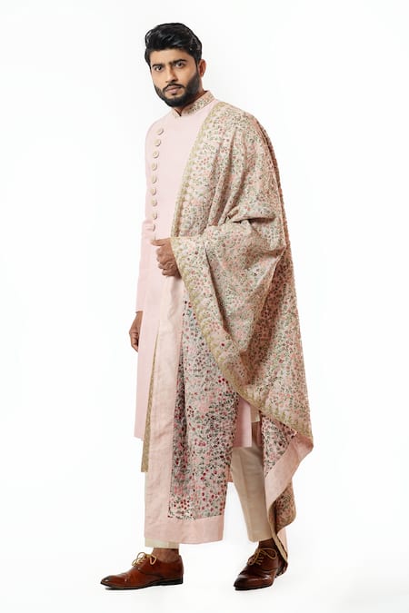 Smriti By Anju Agarwal Pink Dupatta Tussar Silk, Kurta And Pajama Cotton Silk, Embellished Set Online at Aza Fashions Smriti By Anju Agarwal_Pink Dupatta Tussar Silk, Kurta And Pajama Cotton Silk, Embellished Set _Online_at_Aza_Fashions
