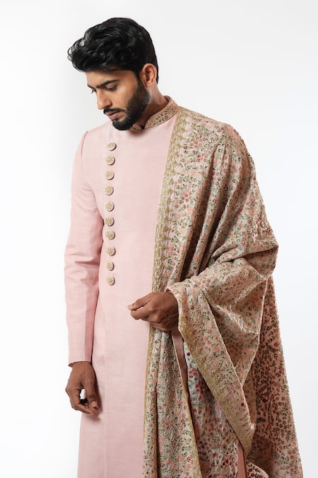 Smriti By Anju Agarwal Pink Dupatta Tussar Silk, Kurta And Pajama Cotton Silk, Embellished Set at Aza Fashions Smriti By Anju Agarwal_Pink Dupatta Tussar Silk, Kurta And Pajama Cotton Silk, Embellished Set _at_Aza_Fashions